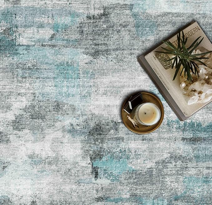 8x10 Area Rugs for Living Room, Non-Slip Backing Washable Rug 8x10, Large Area Rug Soft Carpet for Bedroom Dining Room, Modern Abstract, Easy Clean, Durable, Low Pile Rug Under Table, Teal