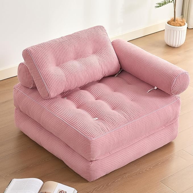 Plus Futon Sofa Bed for Small Spaces, Floor Couch with Armrest, Folding Sofa Couch, Convertible Sleeper Chair Bed with Pillow, Portable Comfy Floor Lounge for Living Room and Bedroom, Pink