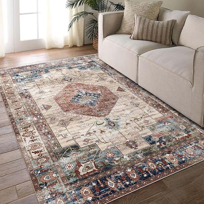 vivorug 5x7 Area Rugs - Ultra-Thin Washable Rug with Non-Slip Backing, Ideal for Living Room, Bedroom, Kitchen Floor Carpet - Vintage Style, Easy Clean, Durable, Low Pile Rug Brown