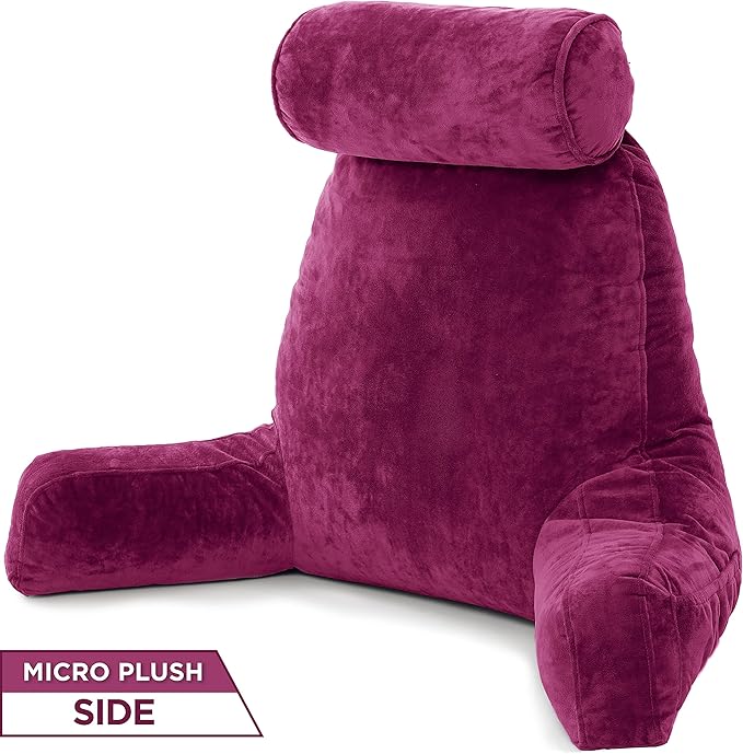 Husband Pillow XXL Aspen Edition - Adult Reading Bed Rest Pillow with Arms & Detach Neck Roll on Bungee Cord - Premium Memory Foam, Reversible 2 Sided Covers Micro Suede or Plush, Sliding Raspberry