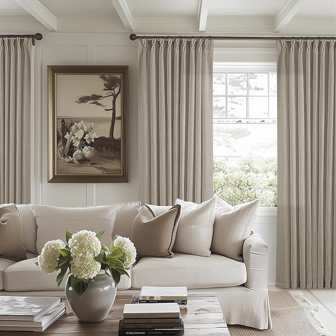 Extra Wide Curtains 90 Inches Long 60 Inch Width for Living Room Bedroom Light Filtering Semi Sheer Farmhouse Pleated Curtain Hooks Rings for Patio Sliding Door Large Window Burlywood Taupe 1 Panel