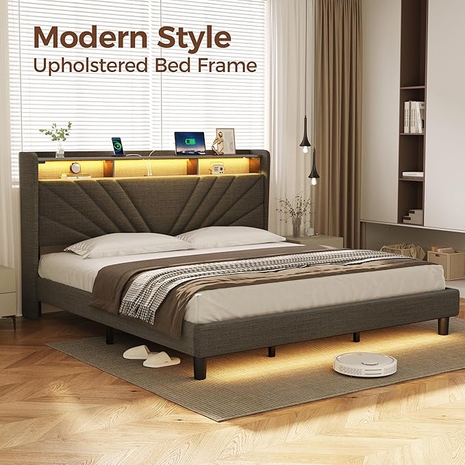 Rolanstar King Size Bed Frame, Storage Headboard with Charging Station and LED Lights, Upholstered Bed with Heavy Duty Wood Slats, No Box Spring Needed, Noise Free, Easy Assembly, Dark Grey