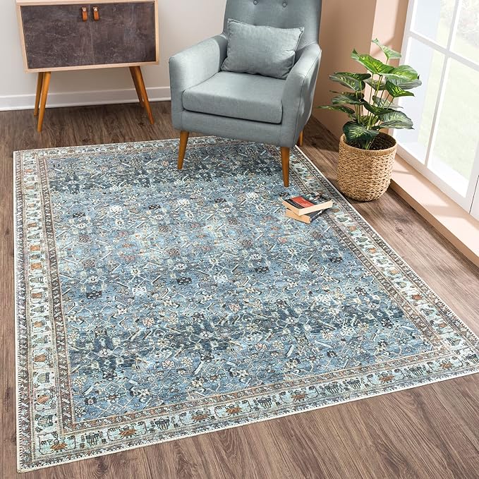 Bloom Rugs Washable Non-Slip 6' x 9' Rug - Blue/Beige Traditional Area Rug for Living Room, Bedroom, Dining Room, and Kitchen - Exact Size: 6' x 9'