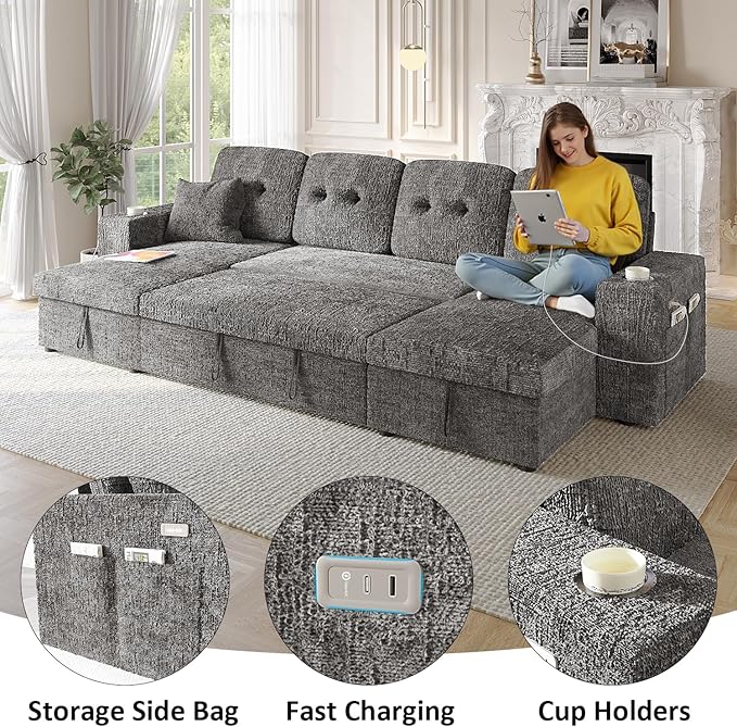 117" Sleeper Sofa Bed, U-Shaped Sofa with Dual Reversible Storage Chaise | Adjustable Backrest | Wide Armrest, Sectional Couches for Living Room, 4 in 1 Pull Out Couch Bed, Grey Chenille