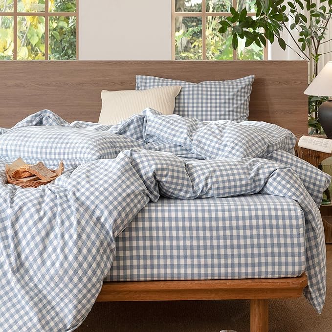MooMee Gingham Duvet Cover Set 100% Washed Cotton Linen Like Textured Breathable Durable Soft Comfy Modern Checkered Design (Classic Gingham Cornflower Blue, Cal King 104"x98")