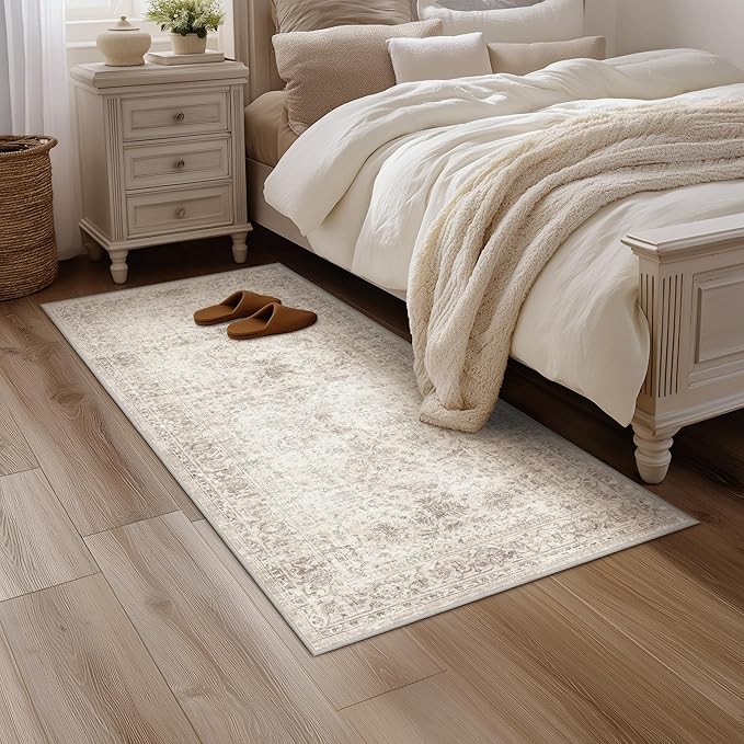 FMFUNCTEX 2x6 Hallway Runner Rug Beige Vintage Neutral Washable Non Slip Low Pile Traditional Indoor Carpet Soft Retro Floral Entryway Rug for Kitchen Living Room Bedroom Bathroom Laundry Entrance