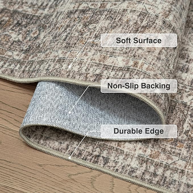 FMFUNCTEX 6x9 Washable Area Rug Vintage Neutral Distressed Large Taupe Non Slip Carpet for Living Room Bedroom Soft Low Pile Indoor Mat Retro Floral Throw Rug for Dining Room Kitchen Office Nursery