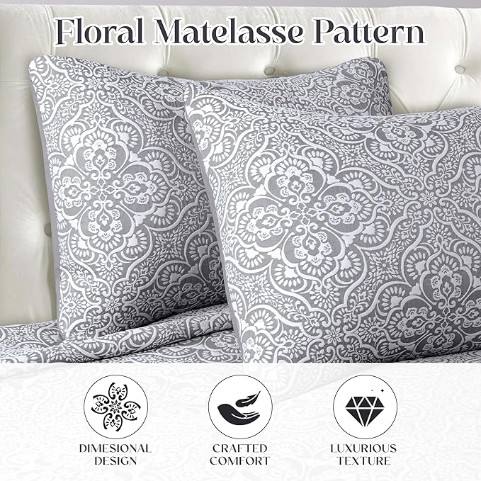 Superior 3 Piece Bedspread Set, Home Bed Decor, Decorative Bed Spread, 2 Pillow Shams, Medium Weight Blanket, Floral Matelasse Coverlet, Bedding Essentials, Enzy Collection, California King, Charcoal