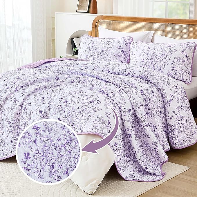 WONGS BEDDING Quilt Queen Size, Purple Quilt Bedding Set with 2 Pillowcases, Botanical Quilt for Queen Bed, Soft Microfiber Lightweight Coverlet Bedspread for All Season (96"×90", 3 Pieces)