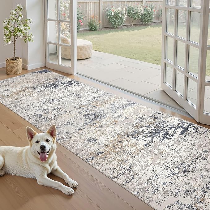 Washable Runner Rug for Hallway: 3x12 Neutral Modern Abstract Low Pile Area Rug with Non-Slip Backing - Carpet for Bedroom Kitchen Laundry Entryway Bathroom Indoor -Beige Blue