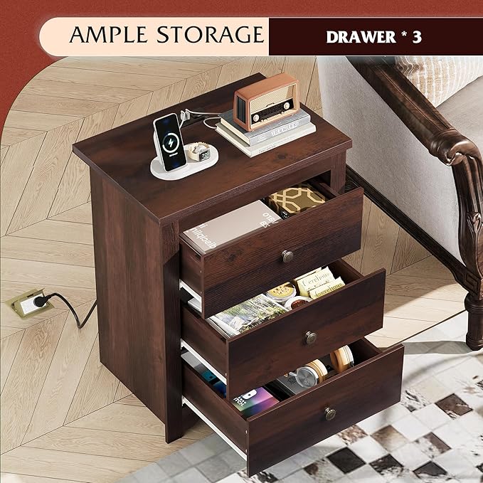 WLIVE Tall Nightstand with Charging Station, Wood Night Stand with 3 Drawers Storage, Bedside Table End Side Tables with 2 USB Ports and Outlets for Bedroom, Closet, Espresso