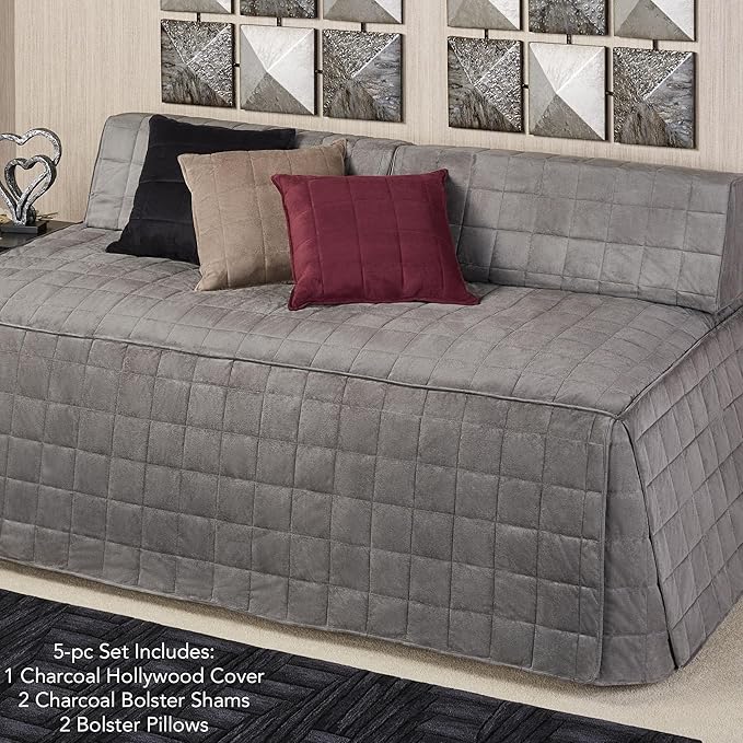 Camden Luxury Bedding | Neutral Charcoal Gray Color | Fitted Hollywood Daybed Bedding | Faux Suede Box Quilted Design | 5 Piece Set Includes Hollywood Cover, 2 Bolster Shams, and 2 Bolster Pillows