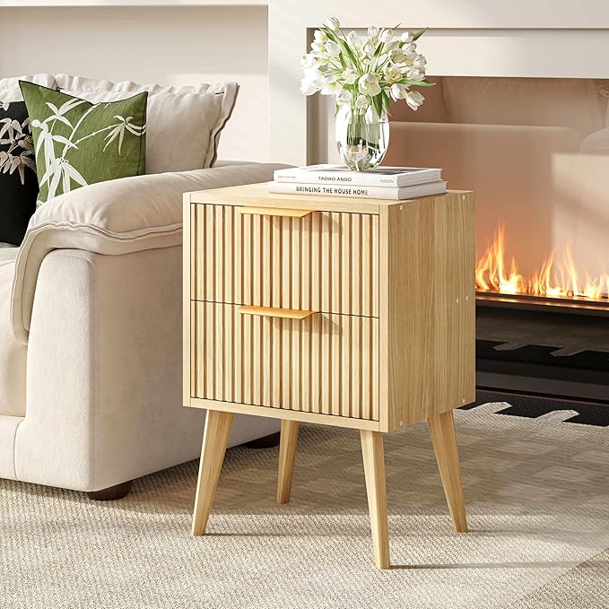 YAUKOMEL Fluted Nightstand,Small Bedside Table,Natural Wood Night Stand,Light Wood Side Table with Solid Wood Legs,End Table for Bedroom,Small Space 11.8" D x 16" W x 22.4" H Natural CTG55Y