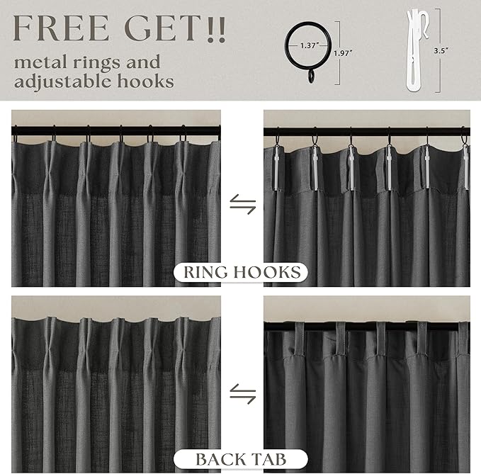 Charcoal Grey Pinch Pleated Linen Cafe Curtains 45 Inch Length 2 Panels for Dining Room Kitchen Bedroom Semi Sheer Pleat Drapes with Hooks Rings Light Filtering Short Window Curtain Cabinet 40x45