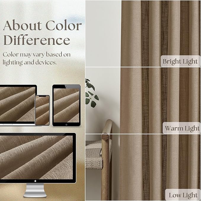 Tan Brown Linen Pinch Pleated Curtains 108 Inches Long 2 Panels for Living Room Bedroom Light Filtering Drapes 108 Inch Length Light Brown Latte Semi Sheer Memory Shape Trained Ceiling Floor Curtain