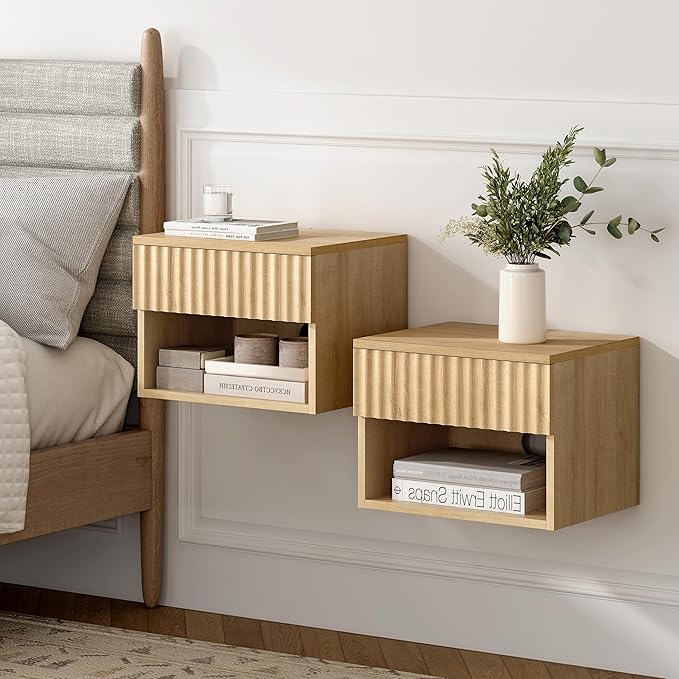 Floating TV Stands Set of 4 with Drawer and Open Shelf, Small Wall Mounted Bedside End Table, Modern Fluted Night Stand for Bedroom, Living Room, Natural Oak