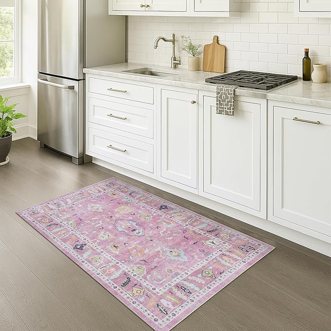 Fame Rugs Pink Modern Oushak Rug 3x5, Washable Vintage Turkish Colorful Oriental Antique Inspired Foldable Small Area Rugs, Luxury Living Room Bedroom (995PP, 2'6" x 5')