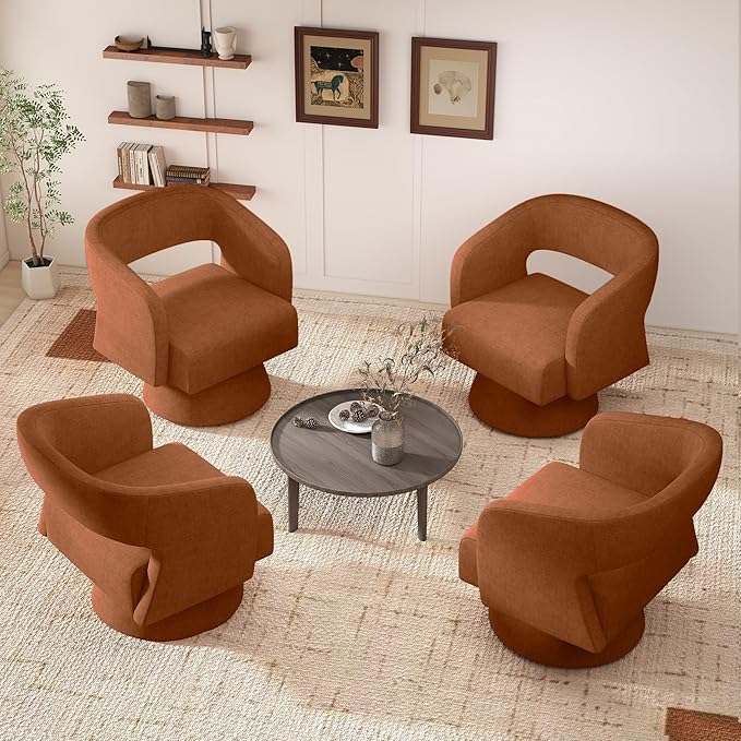 Swivel Accent Chair Set of 2, Modern Comfy Chenille Barrel Chairs, Oversized Upholstered Round Arm Chair for Living Room, Bedroom, Reading Room, Caramel