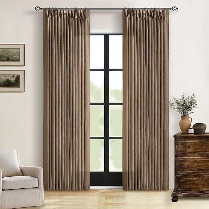 Brown 80 Inch Pinch Pleated Linen Curtains 2 Panels Set for Living Room Bedroom Boho Farmhouse Light Filtering Semi Sheer Back Tab Pinch Pleat Hooks Rings Window Curtain 80 Inches Long Dutch Cocoa