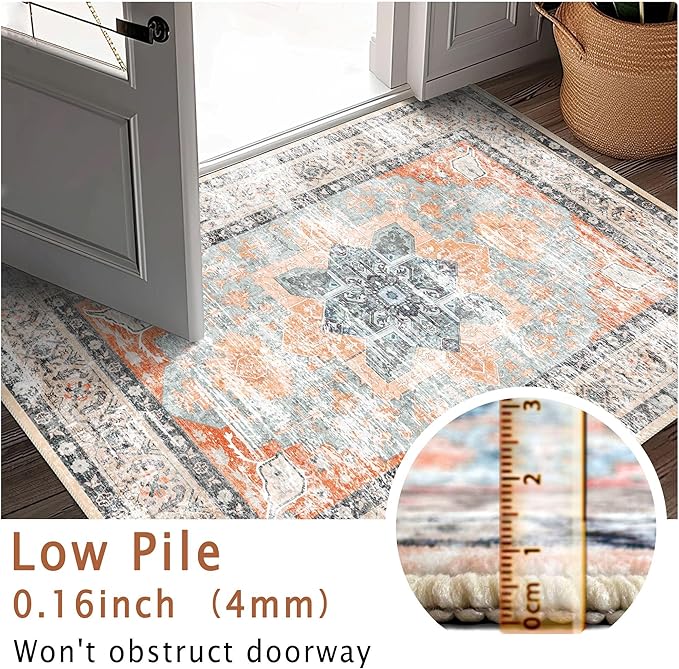 3x5 Rug, Small Area Rug for Living Room, Bedroom, Kitchen, Machine Washable Non-Slip Throw Rug, Vintage Distressed Floral Carpet for Entryway Nursery Dinner Room, Orange