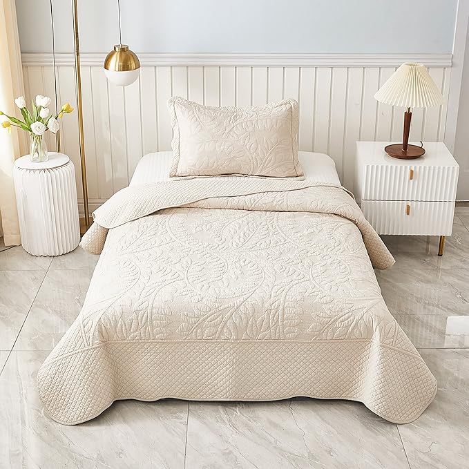 MarCielo 3-Piece 100% Cotton Oversized Bedspread Lightweight Quilt Coverlet Embroidery Farmhouse Bedding Set T0 (Yellowish Beige, Twin (68"x86"))