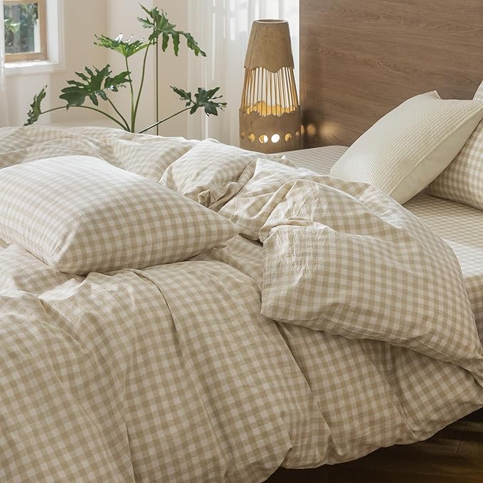 MooMee Gingham Duvet Cover Set 100% Washed Cotton Linen Like Textured Breathable Durable Soft Comfy Modern Checkered Design (Almond Milk Grey Gingham, Super Queen 90"x98")