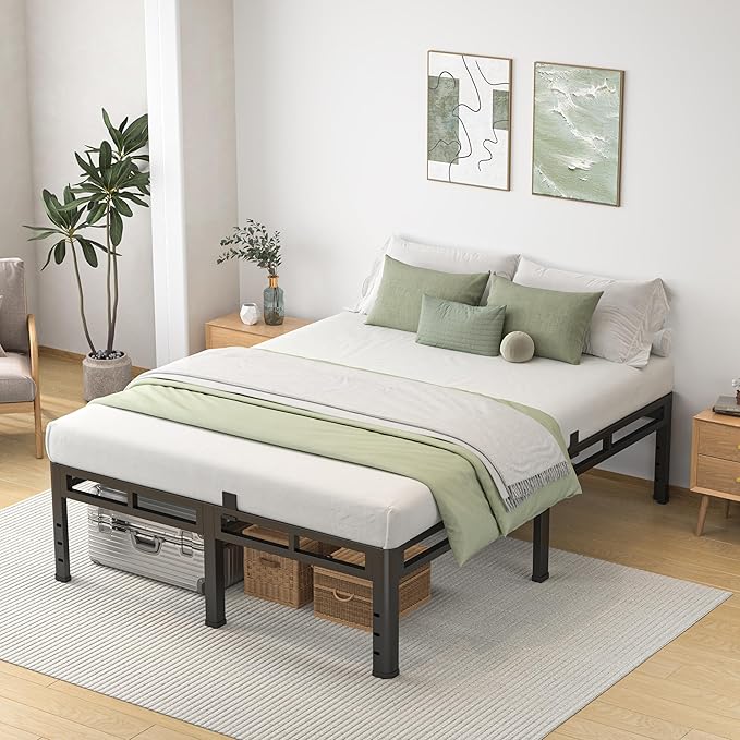 NKZ Queen Size Bed Frame 20 Inch, Metal Bed Frame & Box Spring 2 in 1 Platform with Round Corner Legs, 4000lbs Weight Capacity Reinforced Metal Frame, Headboard Hole, Noise-Free, Easy Assembly