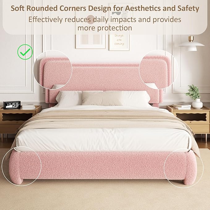 Twin Size Platform Bed Frame with Headboard, Boucle Upholstered Desige, Anti-Collision Corners, Soft Rounded Corners, No Box Spring Required, Easy Assembly, Noise Free