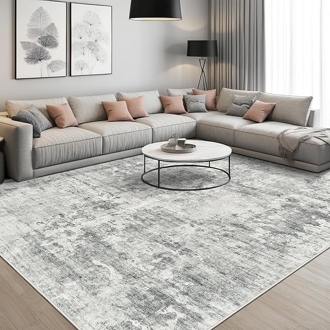 6x9 Abstract Area Rugs for Living Room 6 x 9 Washable Non Slip Low Pile Gray Rugs for Bedroom Dining Room Foldable Thin Gray White