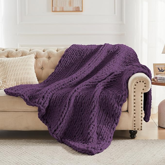 Carriediosa Chunky Knit Throw Blanket 60" X 80" Twin, 100% Hand Made Large Chenille Loop Yarn Soft Fluffy Throws for Couch Sofa Bed, Big Crochet Cozy Heavy Thick Cable Woven Blanket, Dark Purple
