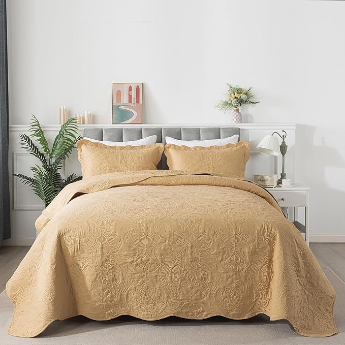 HoneiLife Embroidered Quilt King Size - 3 Pieces Microfiber Quilt Sets Lightweight Bedspreads Reversible Coverlets Retro Bed Cover Paisley Pattern Bedding Set All Season Quilts-Yellow