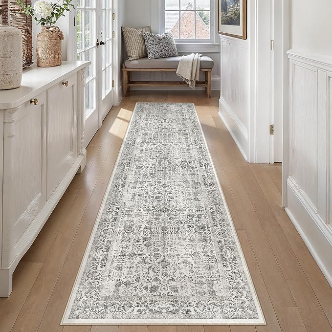 Black Runner Rug 3x10 Hallway Machine Washable Kitchen Vintage Distressed Non Slip Long Carpet Indoor Retro Floral Bedroom Accent Throw Rug for Bathroom Office Laundry Dining Room
