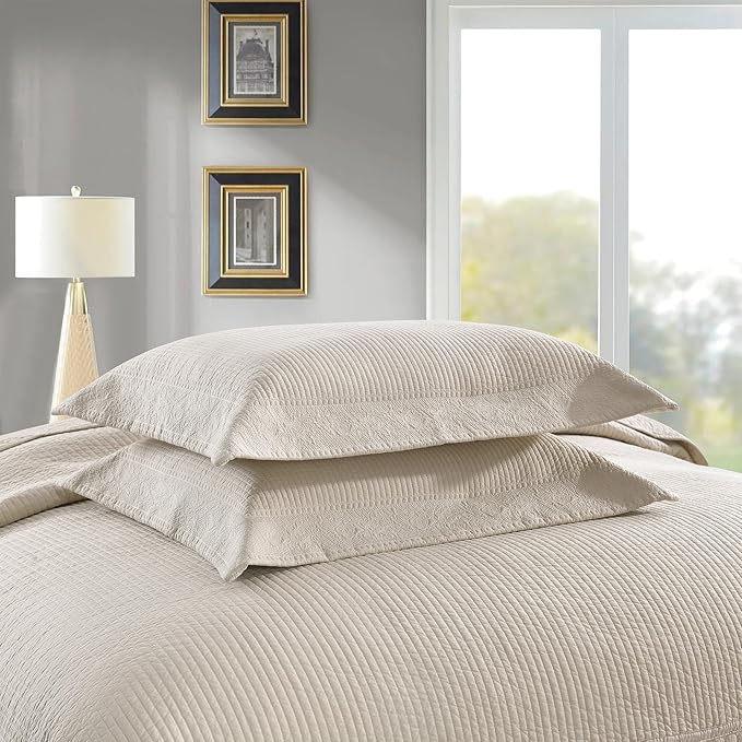 MarCielo 3-Piece 100% Cotton Oversized Bedspread Lightweight Quilt Coverlet Embroidery Farmhouse Bedding Set (TG Yellowish Beige, Oversized King (118"x106"))