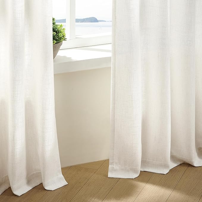 Neutral Pinch Pleated 86 Inch Curtains Semi Sheer Linen Blended Light Filtering Window Curtains 86 Inches Long for Living Room Bedroom Boho Cream Birch Pinch Pleat Drapes Rings Hooks 2 Panels Set