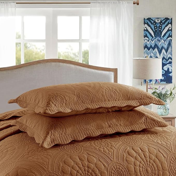 MarCielo 3-Piece 100% Cotton Oversized Bedspread Lightweight Quilt Coverlet Embroidery Farmhouse Bedding Set (Tf Dusty Orange, Oversized King (118"x106"))