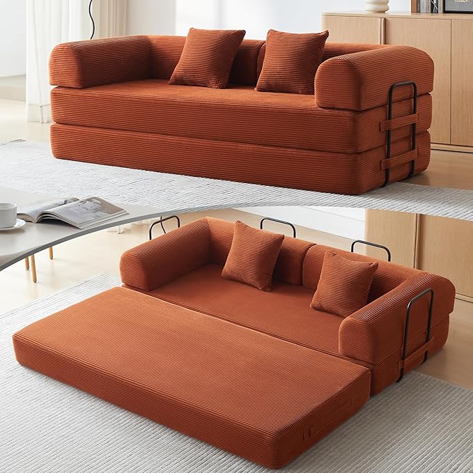 Convertible Sleeper Sofa with 2 Pillow, Modern Corduroy Futon Bed, Modular Sofa with Pull-Out Bed, Love Seat Sleeper for Living Room, Small Space Apartment, Office