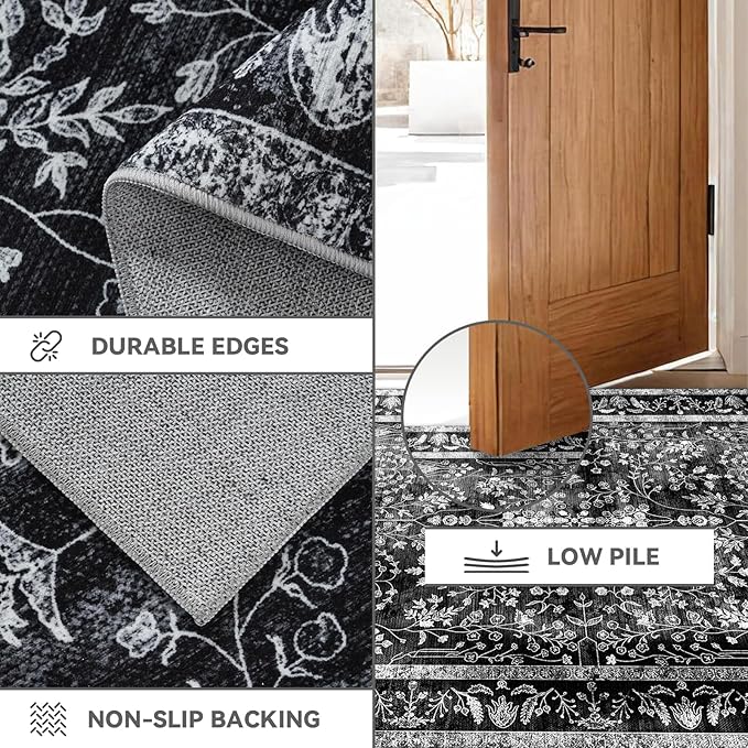 Area Rugs 6x9, Machine Washable Rugs 6x9 Black Large Rug Indoor Floor Non Silp Carpet Distressed Vintage Rug for Bedroom Dining Room Home Office | Black