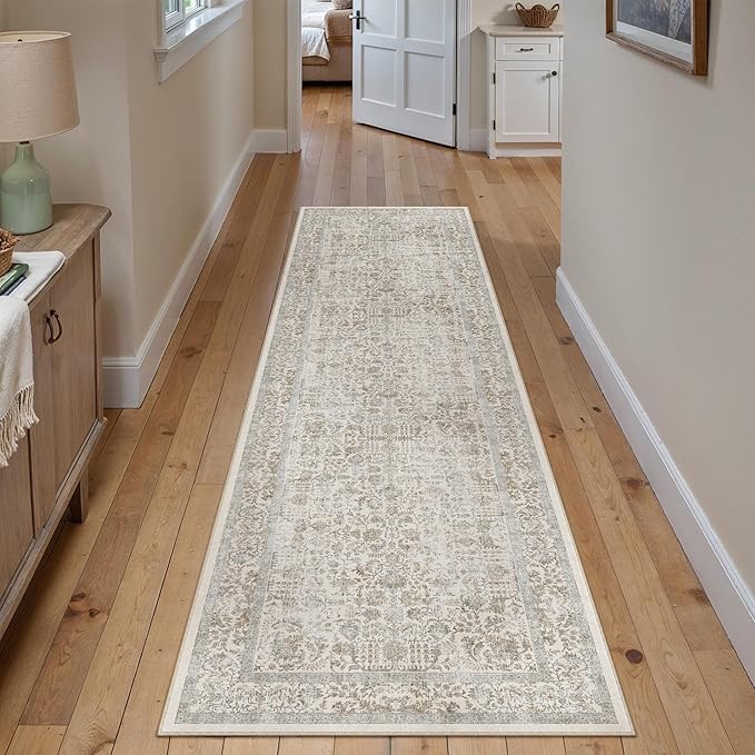 Taupe Runner Rug 2'6"x14' Washable Carpet for Hallway Kitchen Vintage Distressed Non Slip Indoor Retro Floral Bedroom Accent Throw Long Rug Bathroom Office Laundry Dining Living Room