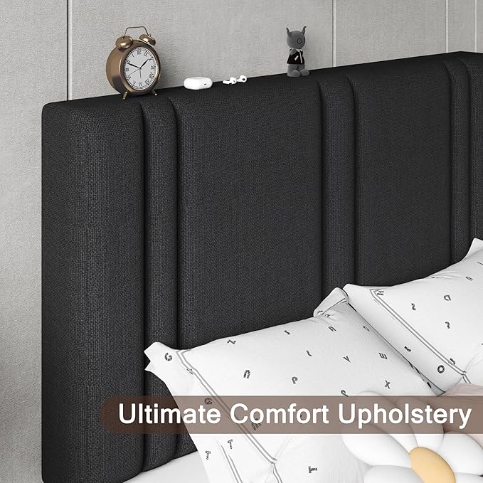 Upholstered Twin Size Bed Frame with Linen Fabric Headboard, Strong Wooden Slats Support, Noise Free, No Box Spring Needed, Black