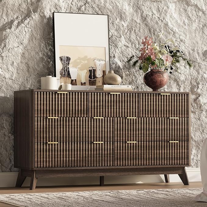54'' Wide 7 Drawers Dresser for Bedroom,Modern Fluted Vertical Chest with Rounded Corners,Fluted Dresser for Living Room,Hallway, Walnut