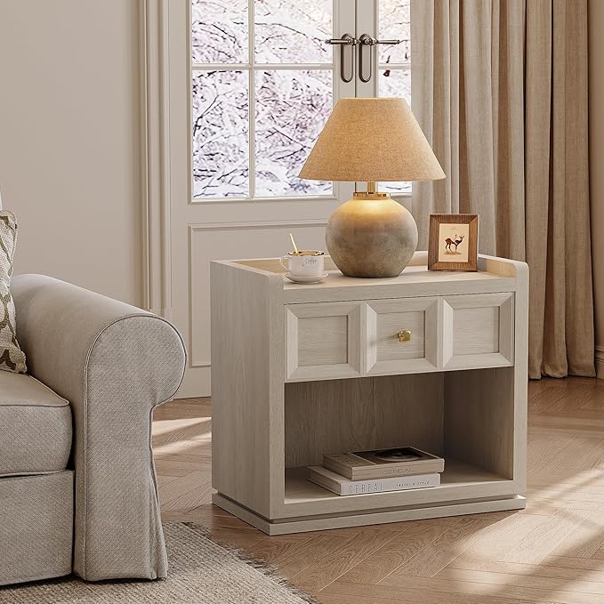 SICOTAS Night Stand Set 2, 26" Wide Nightstands with Drawer, Large Queen Size Nightstands Set of 2, Modern Bedside Table for Bedroom, Side End Table, Grey White Oak