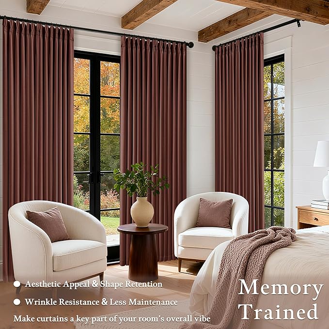 Brown Red Pinch Pleated Blackout Curtains 102 Inches Long for Bedroom 100% Black Out Thick Linen Dual Layer Pleated Drapes Farmhouse Country Terracotta Maroon 102 Inch Curtain for Dining Living Room