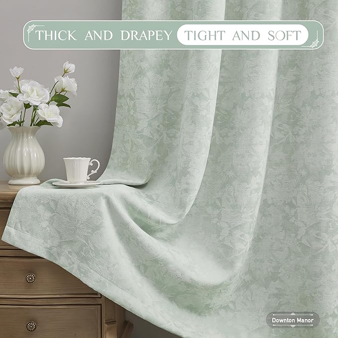 Beauoop Green Floral Jacquard Blackout Curtains 63 Inches Long 2 Panels for Bedroom Living Room Sage Flower Chenille Room Darkening Thermal Insulated Soundproof Grommet Window Treatments Drapes, 52x63
