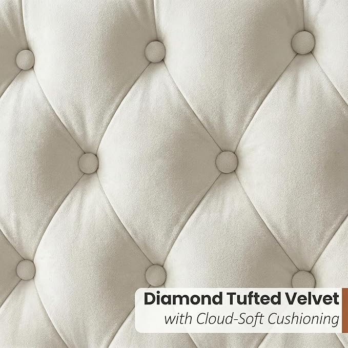 Full Size Bed Frame White Velvet, 47.2" Tall Wingback Headboard with Gold Nailhead Trim, Upholstered Platform Bed with Diamond Tufting, 1000lbs Heavy Duty Support, No Box Spring Needed