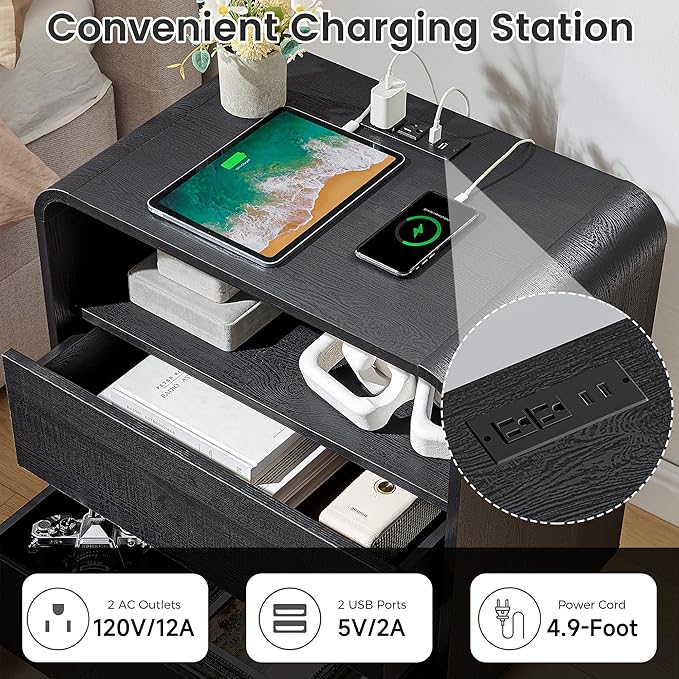 Curved Black Nightstand with Charging Station, 25" Tall Wood Night Stand, Modern Bedside Table with 2 Storage Drawers, End Table for Bedroom, Dorm, Sofa, Office