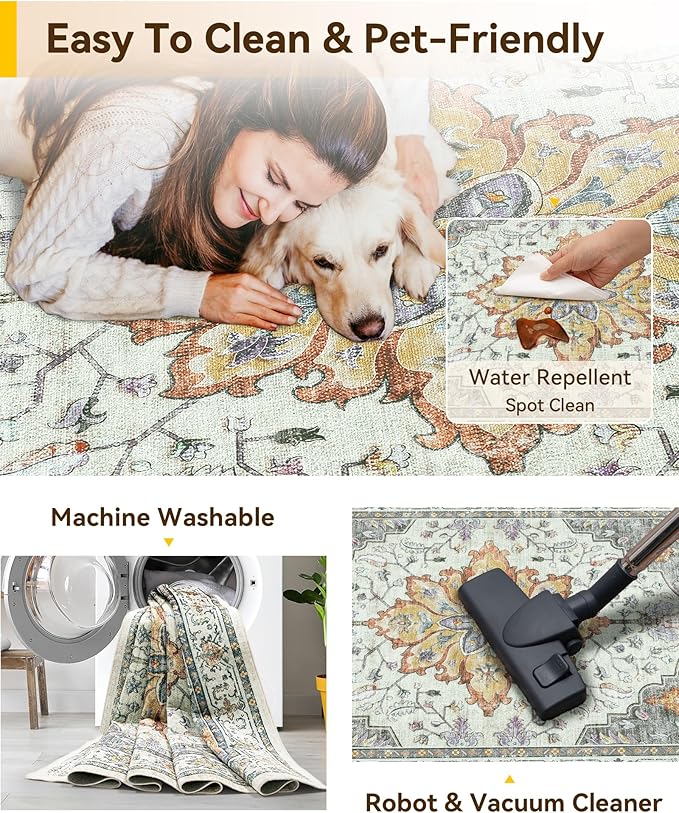 Area Rugs 2'x10' Washable Non-Slip, Floral Vintage Distress Print Pattern Medallion Carpet for Living Room Bedroom Dining Room, Light Yellow Carbon Grey Orange