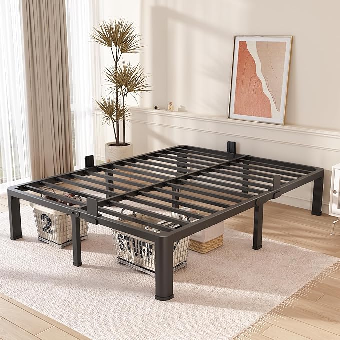 FUIOBYVV Full Size Bed Frame with Round Corner Edge Legs, 14 Inch Heavy Duty Support 3500 lbs Metal Platform Bed Frame Full, No Box Spring Needed/Non-Slip/Steel Slat Support/Noise Free