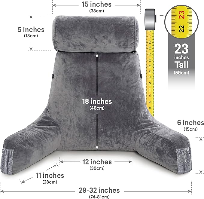 Husband Pillow Medium Dark Grey, Backrest for Kids, Teens, Petite Adults - Reading Pillows with Arms, Adjustable Loft, Plush Memory Foam, Bed Rest Chair Sitting Up, Detach Neck Roll, Removable Cover