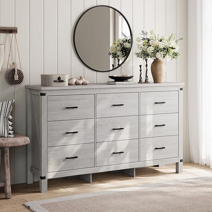 LINSY HOME Dresser for Bedroom with 9 Drawers, 59” Wide Chest with Deep Drawer, Modern Farmhouse Dresser TV Stand with Metal Handles, Wood Storage Cabinet for Closet, Living Room, Hallway, Wash Grey