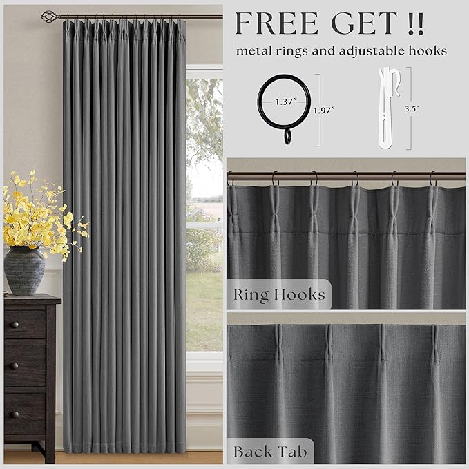 Charcoal Grey 120 Inch Blackout Pinch Pleated Curtains 2 Panel Set for Living Room Darkening Thick Linen Textured 100% Black Out Drapes 120 Inches Long Pinch Pleat Light Blocking Bedroom Dark Gray